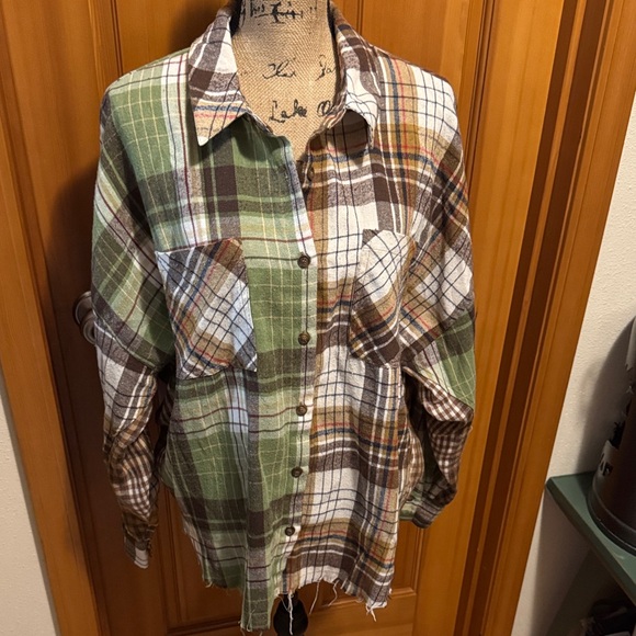 Love Riche Tops - LoveRiche Oversized Plaid Green and Brown Flannel Cut Off Shirt